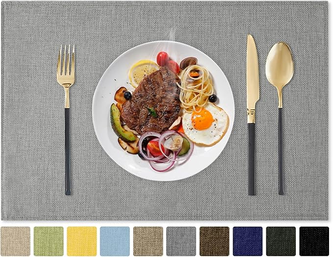 Romanstile Cloth Placemats Set of 8-12 x 18 Inch, Heat Resistant Double Layered Thickened Burlap Place Mats, Washable Faux Linen Farmhouse Table Mats for Kitchen/Dining/Party/Outdoor, Grey