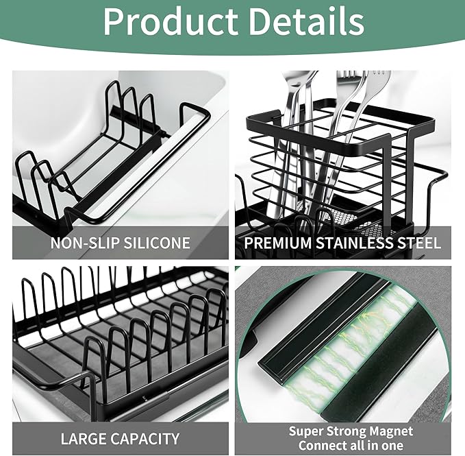 YIGII Dish Drying Rack with 3 X Diatomite Dish Mat- Expandable Dish Drainer for Kitchen in Sink/Countertop Dry Rack, Fast Drying Stone Mat, Dish Rack with Utensil Holder, 5.4”W x 12.1”-18.9”L