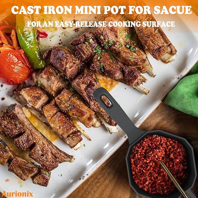 Cast Iron Sauce Pot with Lid,Premium Small Cast Iron Pan for Butter Melting, Basting and Grilling,Heavy Duty Butter Warmer, Camping Cookware,Includes Heat Resistant Gloves and Spice Brush