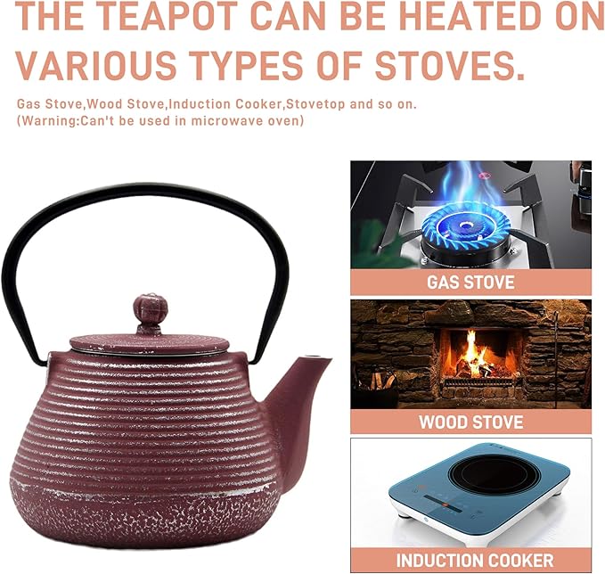 20.3oz Small Cast Iron Teapot, SECHUDO Tea Kettle for Stovetop Safe Coated with Enameled Interior, Tea Pot with Stainless Steel Infuser for Loose Tea (Pink Pinstripe Pattern)