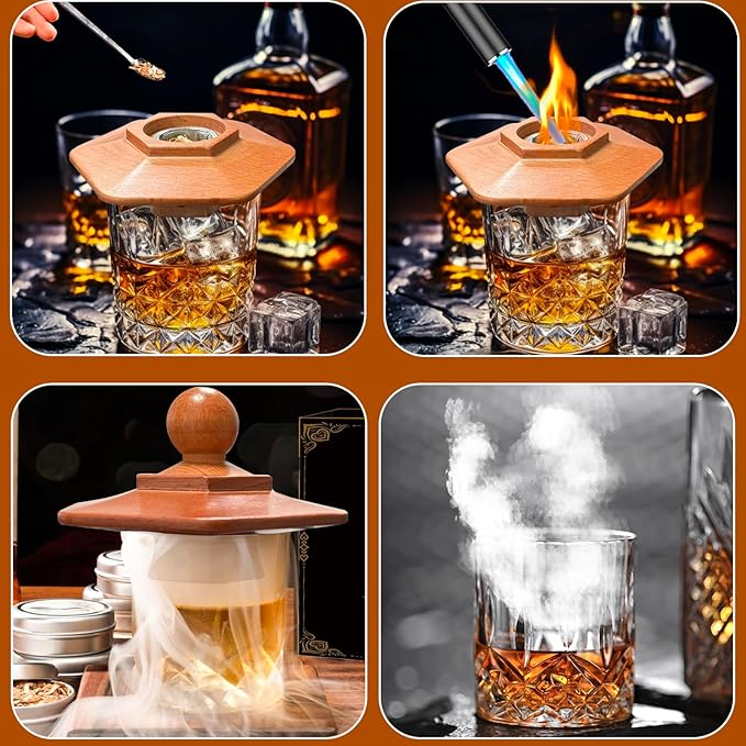 Whiskey Smoker Kit with Torch – 12 Natural Wood Chips, Ice Ball Molds, Cocktail Drink Smoker Infuser Set, Old Fashioned Smoker for Whiskey, Bourbon Gift for Men, Husband, Dad, Him