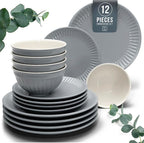 Stoneware Dinnerware Set for 4 People HYGGE 12-Piece - Elegant Scandi Design - Premium Dish Set - Bowl and Plate Set - Tableware for 4 People in a Ribbed Design - Pure Living in Gray-Blue