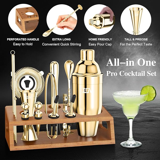 IOV Cocktail Shaker Set Bartender Kit with Stand | Bar Set Drink Mixer Set Includes Martini Shaker, Jigger, Strainer, Mixing Spoon, Muddler, Recipe Book | Home Bar Accessories Gift Set (Gold)