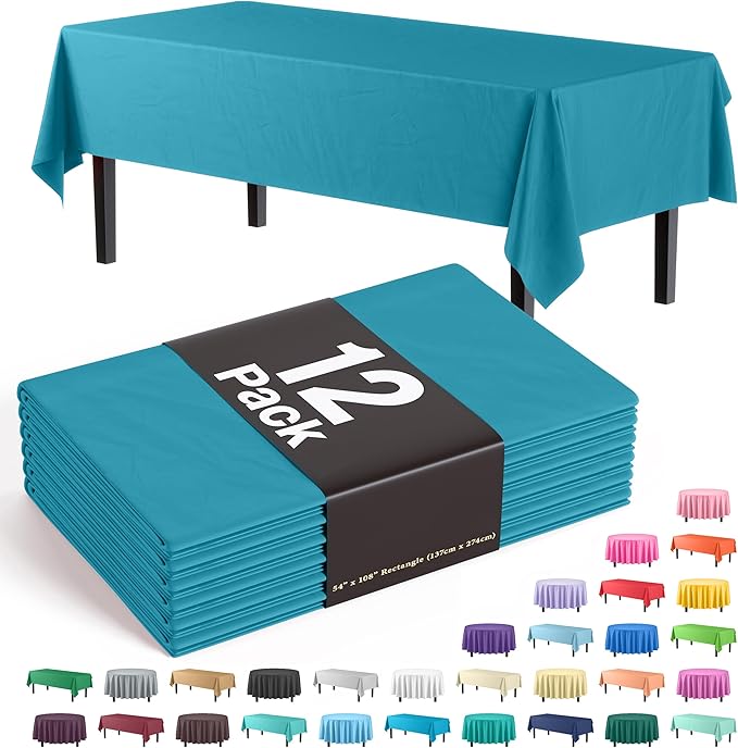 Exquisite Party Solids 12-Pack Premium Plastic Tablecloth 54in. x 108in. Rectangle Table Cover - Turquoise