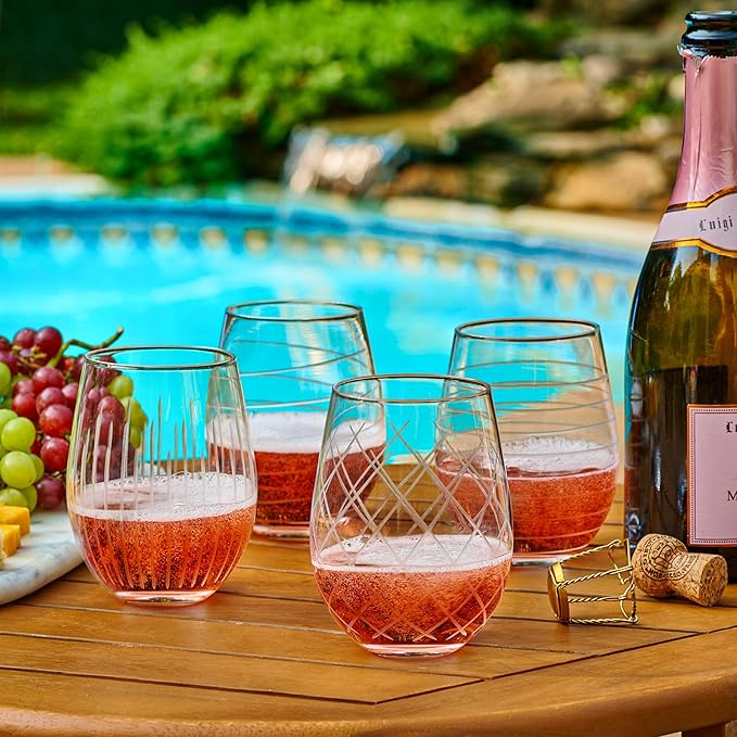 Set of 4 Etched Stemless Wine Glasses - Wine Tumbler Drinking Glass Cups - Kitchen Water Glasses Gift Cup Sets - Lowball Cocktail Glasses for Wedding Anniversary Drink