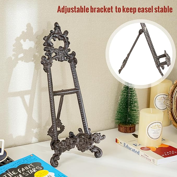 Sungmor Vintage Cast Iron Cookbook Stand, Small Ornate Easel Fleur De Lis Stand, 15.5" Tall Antique Brown Table Top Display Holder for Recipe Book, Picture Frame, Plate, Home Kitchen Decor