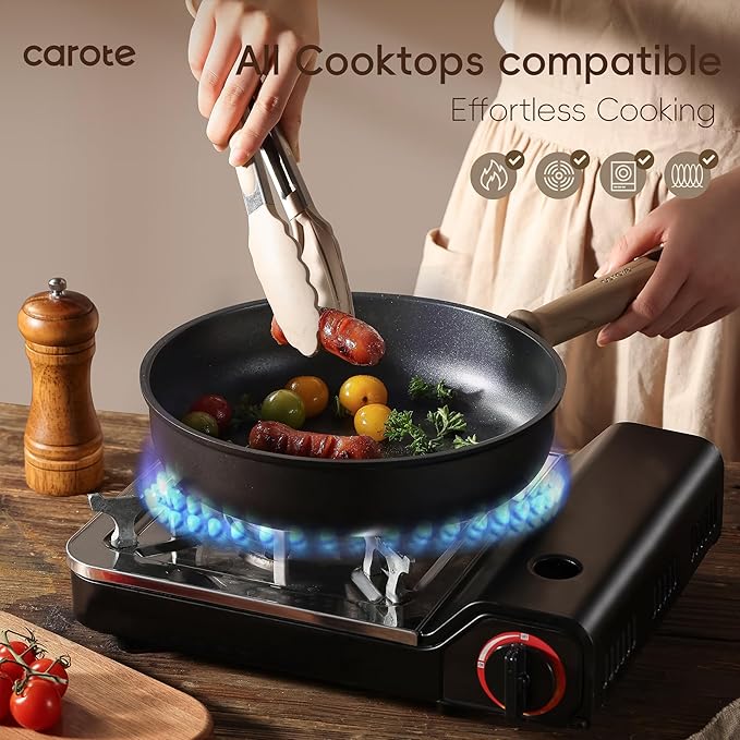 CAROTE Nonstick Skillet, Nonstick Deep Frying Pan, 10" Saute Pan with Lid, 3.8QT Deep Frying Pan Titanium Pan Chef's Pan, Stay-cool Handle, Compatible with All Stoves, Black