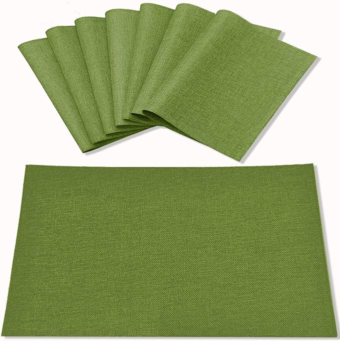 Linen Placemats Set of 8, Machine Washable, Heat Resistant, Wrinkle Free, Thick Polyester Kitchen Place Mats for Dining Table (Green)