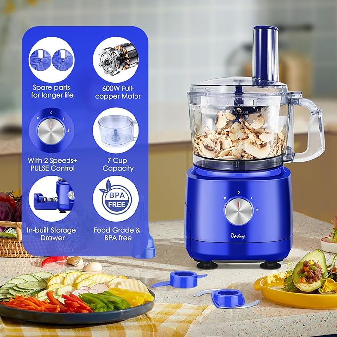 Davivy Food Processor 7 Cup,Built-in Storage Drawer Small Food Processor with 10 set blades,French fry cutting,Wavy slicing for Home Use,3-Speed, Blue,600W