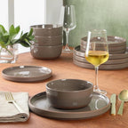 Gibson Elite Northrock Stoneware Dinnerware Set, 16-Piece Service for 4 Plates and Bowls Set – Gray Dishes with Hand-Painted Terracotta Base