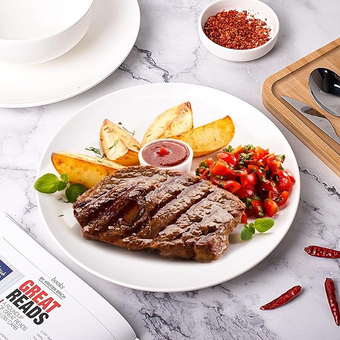 DELLING 10 inch White Dinner Plates Set, Porcelain Dessert/Salad Plate, Serving Dishes, Dinnerware Sets, Scratch Resistant, Microwave, Oven, and Dishwasher Safe - Set of 4