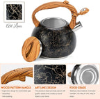 GGC Tea Kettle for Stove Top, Loud Whistling Kettle for Boiling Water Coffee or Milk, 3.1 Quart Stainless Steel Art Line Black Kettle with Wood Pattern Handle, Unique Button Control Kettle Outlet