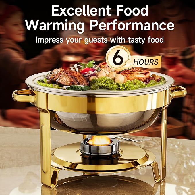 Chafing Dishes for Buffet, 4 Pack 5QT Round Stainless Steel Chafing Dish Set for Home Parties, Christmas Gatherings, Catering Events Complete Buffet Warmer Set (Golden 4)