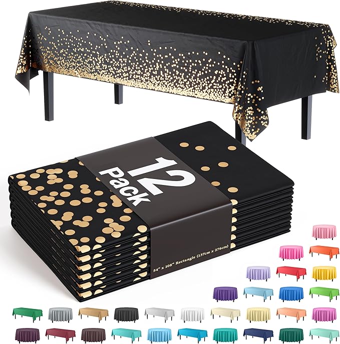 Exquisite Party Solids White and Gold Tablecloth 12-Pack New Years Plastic Tablecloth Black and Gold Dot 54in. X 108in. Rectangle Table Cover Black and Gold Party Decorations
