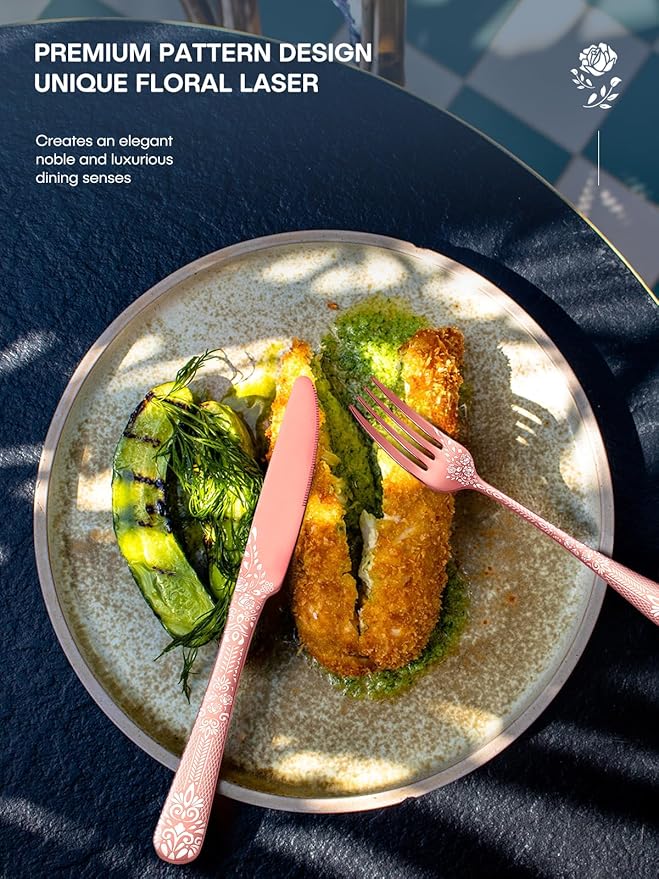 EUIRIO 24 Pieces Copper Silverware Set with Steak Knives, Rose Gold Silverware Flatware Set for 4, Stainless Steel Spoons Forks Knives Set, Mirror Cutlery with Unique Floral Laser, Dishwasher Safe