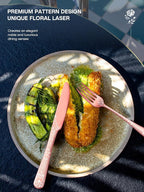 EUIRIO 24 Pieces Copper Silverware Set with Steak Knives, Rose Gold Silverware Flatware Set for 4, Stainless Steel Spoons Forks Knives Set, Mirror Cutlery with Unique Floral Laser, Dishwasher Safe