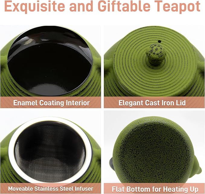 20.3oz Small Cast Iron Teapot, SECHUDO Cast Iron Tea Kettle for Stovetop Safe Coated with Enameled Interior, Iron Tea Pot with Stainless Steel Infuser for Loose Tea (Green Pinstripe Pattern)