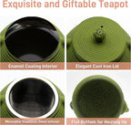 20.3oz Small Cast Iron Teapot, SECHUDO Cast Iron Tea Kettle for Stovetop Safe Coated with Enameled Interior, Iron Tea Pot with Stainless Steel Infuser for Loose Tea (Green Pinstripe Pattern)