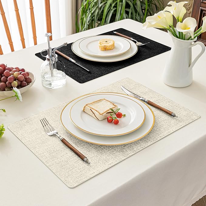Romanstile Reversible Vinyl Placemats Set of 8, Faux Leather 100% Waterproof Oil-Proof Wipeable Place Mats, Heat Resistant Dual Sided Table Mats for Kitchen/Dining/Party (Black Beige, 12 x 17 Inch)