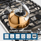 Viking 3-Ply Stainless Steel Tea Kettle, 2.6 Quart Stovetop Hot Water Pot with Tempered Glass Lid, Ergonomic Handle, Induction Ready, Rose Gold