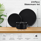 E-far Black Dinnerware Sets for 8, 24-Piece Stoneware Plates and Bowls Dish Set, Modern Kitchen Dinning Dishware, Chip and Scratch Resistant, Microwave & Dishwasher Safe, Matte Black