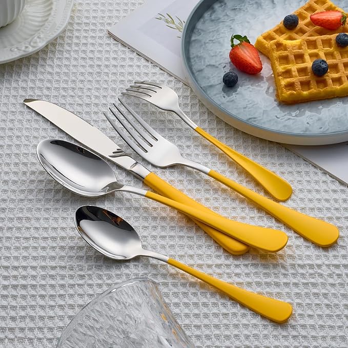 20 Piece Yellow 18/0 Flatware Utensil Set for 4, Include Dinner Knife,Dinner Forks,Dinner Spoons,Salad Forks,Teaspoons,Silverware Set for 4, Dishwasher Safe