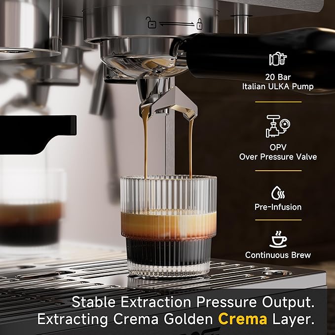 Espresso Machine with Grinder, 20Bar Espresso Machine Stainless Steel, Coffee Machine with Milk Frother for Latte/Cappuccino, Adjustable Temperature, Independent Hot Water & Americano Function