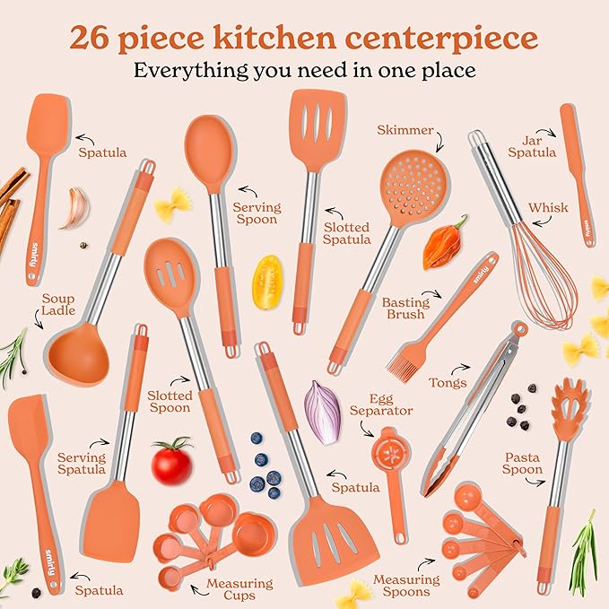 SMIRLY Kitchen Utensils Set, 26PCS Silicone Cooking Utensils Set, Spatula Set with Holder, Stainless Steel Kitchen Gadgets for Home and Kitchen