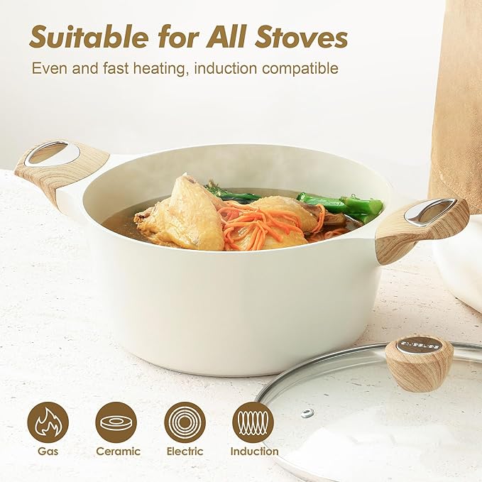 SENSARTE Ceramic Nonstick Stock Pot with Lid, 2.6/4.5/6.6/8.5 QT Soup Pot Casserole Pot, Non-toxic Healthy Pasta Pot, Large Cooking Pot Stew Pot, Induction Compatible, PFOA PFAS PTFE Free, White