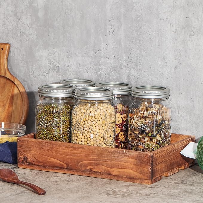 6 Pack 32 oz Vintage Style Wide Mouth Mason Jars - Heavy Duty Glass Storage Jars with Airtight & Leak Proof Lids for Pickling, Canning, Food Storage, Flour, Sugar, Pasta, Oats & DIY Projects