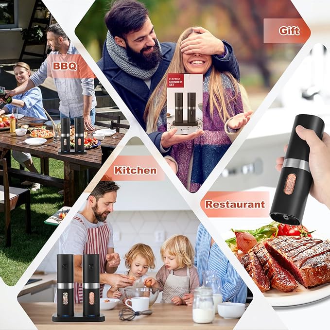 Syaws Electric Pepper and Salt Grinder,Battery Powered Pepper Grinders,Automatic Pepper Mill with LED Light,Adjustable Coarseness One-Hand Operation (Black-Rechargeable Set)