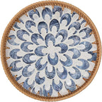 Round Rattan Tray for Home Decor 11.8 inch, Modern and Boho Decor Serving Tray with Mother of Pearl Inlay, Wicker Basket for Coffee Table, Hand Woven Decorative Tray Plates (Black)