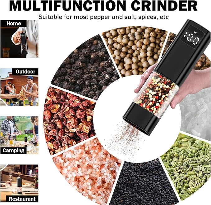 Electric Salt and Pepper Grinder Set, Rechargeable Electric Pepper Grinder with LED Display, Adjustable Coarseness, Large Capacity Refillable Salt and Pepper Shakers, Ideal for Kitchen, BBQ, Gift