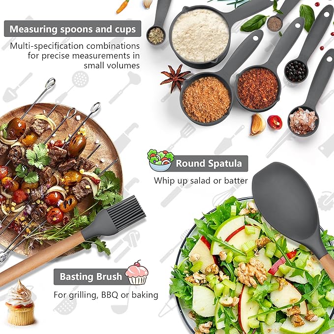 HaWare Kitchen Cooking Utensils Set, 23-Piece Silicone Kitchen Utensils Spatula Set with Holder, Heat Resistant Wooden Handle Kitchen Gadget for Nonstick Cookware, Food-grade Turner Spoon Sets (Grey)