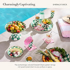 MACKENZIE-CHILDS Enamel Round Tray, Unique Serving Platter for Food and Drinks, Green-and-White Emerald Check