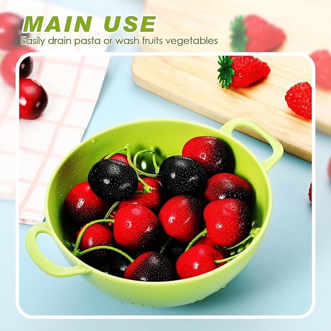 Baderke 4 Pack Mini Colander for Kitchen Plastic Berry Strainer with Double Handles 7.5 x 6 x 3 Inch Small Colander Strainer for Fruits Vegetables Food (Green, Purple, Red, Lemon Yellow)