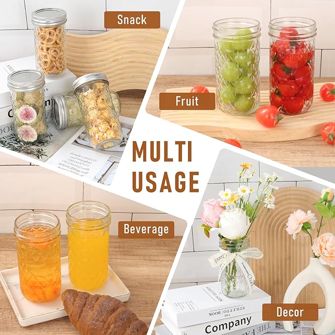 12 oz Mason Jars with Lids & Bands 8Pack, Canning Jars with Stickers and Sponge Brush, Ideal for Jelly Spice Honey Herbs Storage,Party and Wedding Favors
