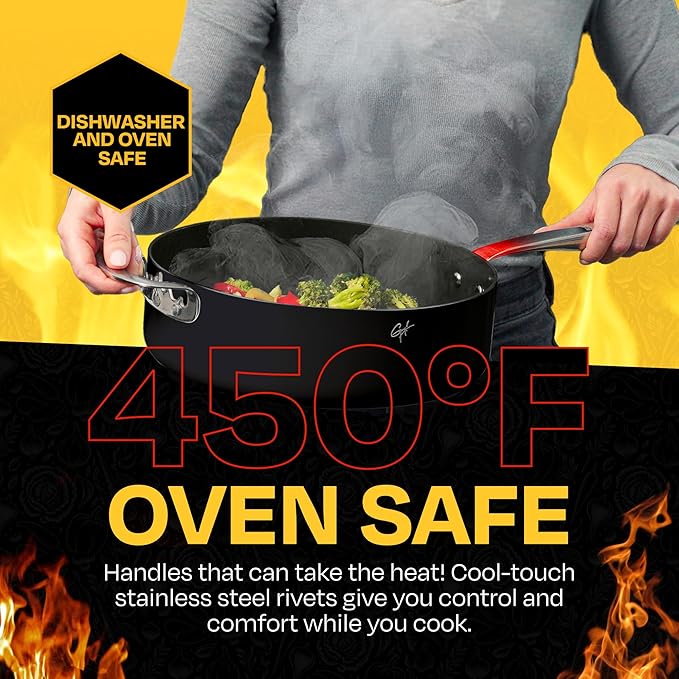 Guy Fieri's Flavortown 15-Piece Ceramic Cookware Set, Nonstick Pots and Pans for Cooking, Easy-Clean Kitchen Cookware, Made without PFAS PTFE PFOA, Induction Compatible, Oven & Dishwasher Safe, Black