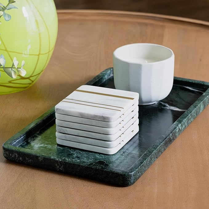 Cork & Mill Marble Coasters Set of 6 - Real Natural Stone - Luxury Aesthetic Square Coasters - Neutral White Marble with Gold Brass Inlay - Semi Absorbent Stone