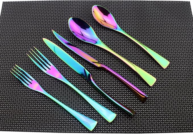 Flatware Set 18/10 Stainless Steel Mirror Polished Rainbow Colorful Cutlery - Silverware Utensil Set of Serrated Steak Knife Dinner Fork Knife Salad Fork Dessert Spoon,24 Piece Service for 4