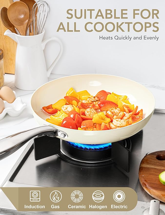 MICHELANGELO Small Frying Pan with Lid, 8 Inch Non Stick Fry Pan, Non Toxic Ceramic Skillet, Oven Safe, Induction Compatible, White