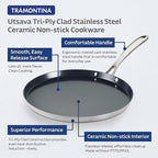 Tramontina Utsava 11-Inch Tri-Ply Clad Stainless Steel Ceramic-Coated Dosa Tawa, Non Stick Tava Pan for Roti, Crepe Pan, Comales para Tortillas, Pancake Griddle, Nonstick Flat Skillet