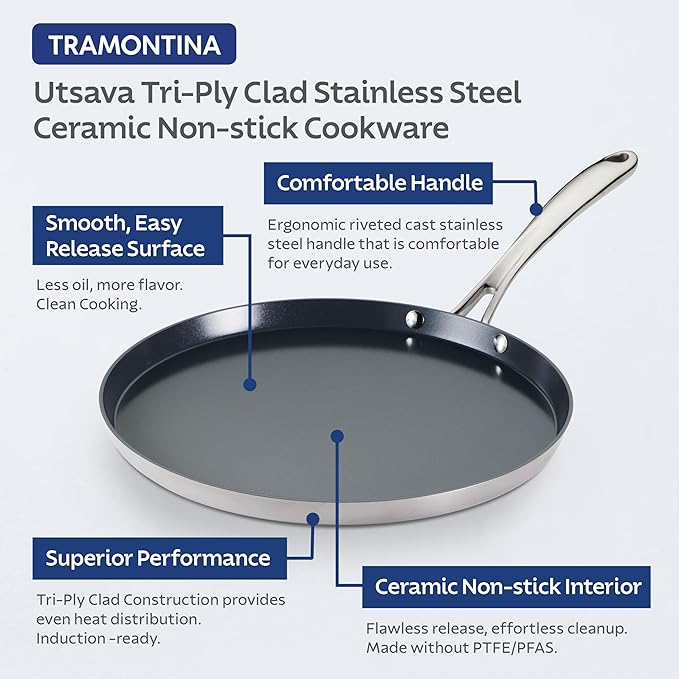 Tramontina Utsava 11-Inch Tri-Ply Clad Stainless Steel Ceramic-Coated Dosa Tawa, Non Stick Tava Pan for Roti, Crepe Pan, Comales para Tortillas, Pancake Griddle, Nonstick Flat Skillet