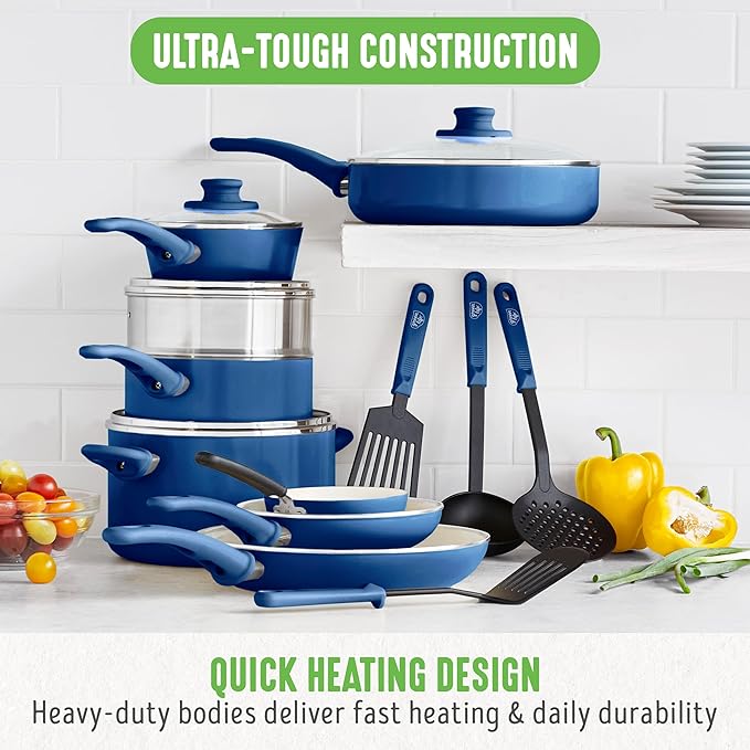 GreenLife 16 Piece Nonstick Cookware Set, Soft Grip Non-Toxic PFAS-Free Ceramic Pots & Pans, Dishwasher & Oven Safe, Frying, Sauce, Saute, Utensils, Glass Lids, Stay-Cool Handles, Wobble Free, Blue