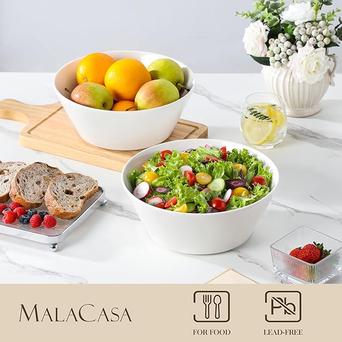 MALACASA Serving Bowls, 105 OZ Large Salad Bowls Set of 2, Porcelain White Bowls for Kitchen, Large Bowl for Salad, Soup, Pho and Fruit, Ceramic Serving Bowls for Party, Microwave Safe, Series Regular