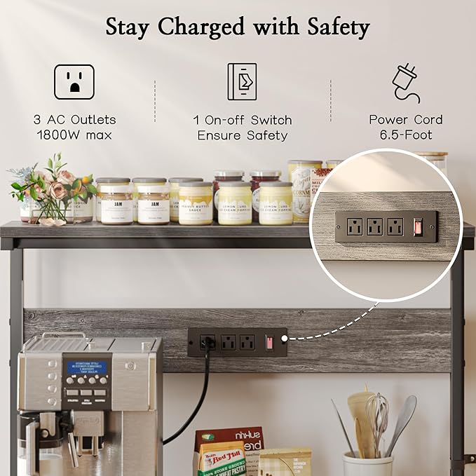 SUPERJARE Bakers Rack with Power Outlets, Microwave Stand, 39.4 X 14.3 Inch Larger Desktop, Kitchen Storage Rack with Adjustable Middle Shelf, 6 S-Shaped Hooks, Coffee Bar Stand, Grey