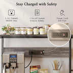 SUPERJARE Bakers Rack with Power Outlets, Microwave Stand, 39.4 X 14.3 Inch Larger Desktop, Kitchen Storage Rack with Adjustable Middle Shelf, 6 S-Shaped Hooks, Coffee Bar Stand, Grey