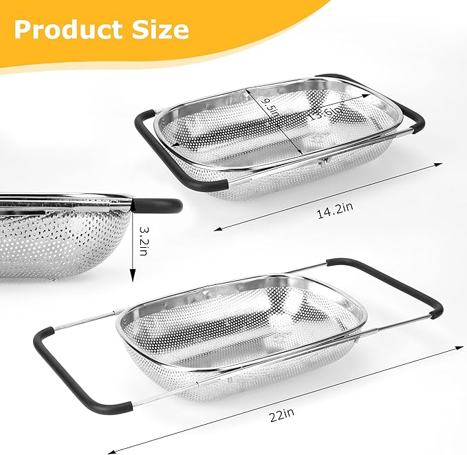 ZDRongZhen Kitchen Accessories Over the Sink Colander Strainer Basket，Stainless Steel Colander with Expandable Rubber Grip Sink Drainer-Rinse Vegetables Fruits &Strain&Drain (Large-Dense round hole)