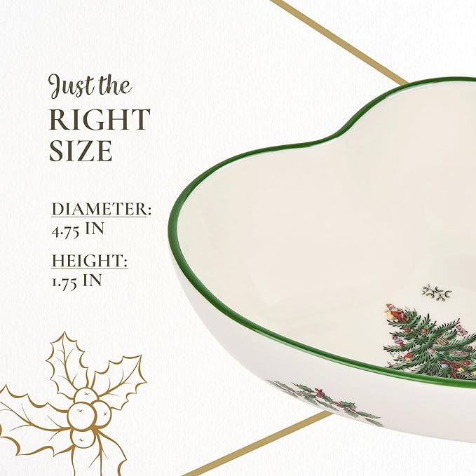 Spode Christmas Tree Heart Shaped Dip Bowl - 4.75-Inch Fine Earthenware Bowl for Dips, Sauces, and Condiments - Festive Holiday Decor and Christmas Gift - Classic Design, Dishwasher Safe