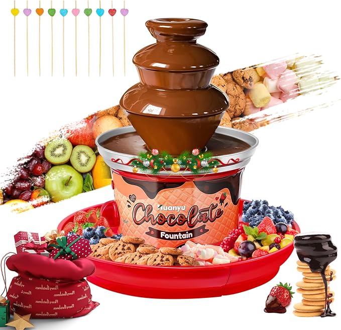 Huanyu 3-Tier Mini Chocolate Fountain Machine 10 Bamboo Skewers Removable Serving Tray 16-Ounce Chocolate Fondue Fountain for Party Birthday Wedding Chocolate Nacho Cheese BBQ Sauce Liqueurs (Red)